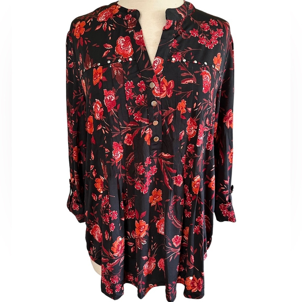 COCOMO Large Black Red Orange Floral 3/4 sleeve women's Pintuck Blouse shirt
